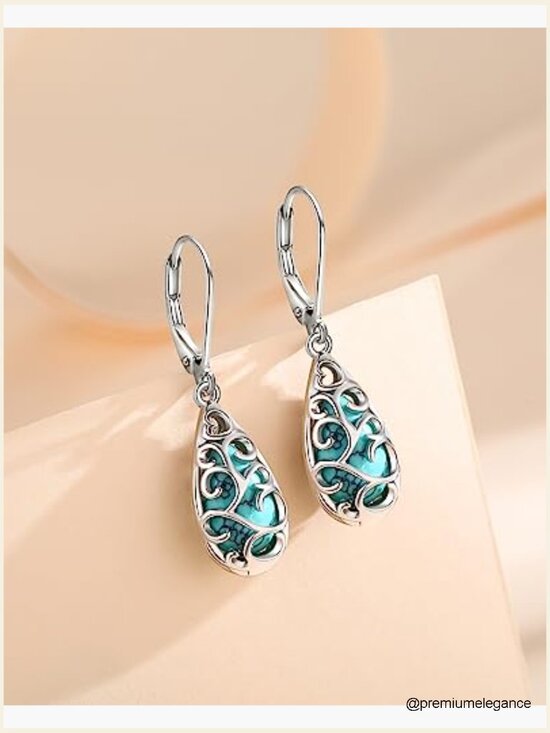 Native American Navajo Handmade Sterling Silver Turquoise  Sterling Silver Turquoise Leverback Earrings, Handcrafted Gemstone Dangle